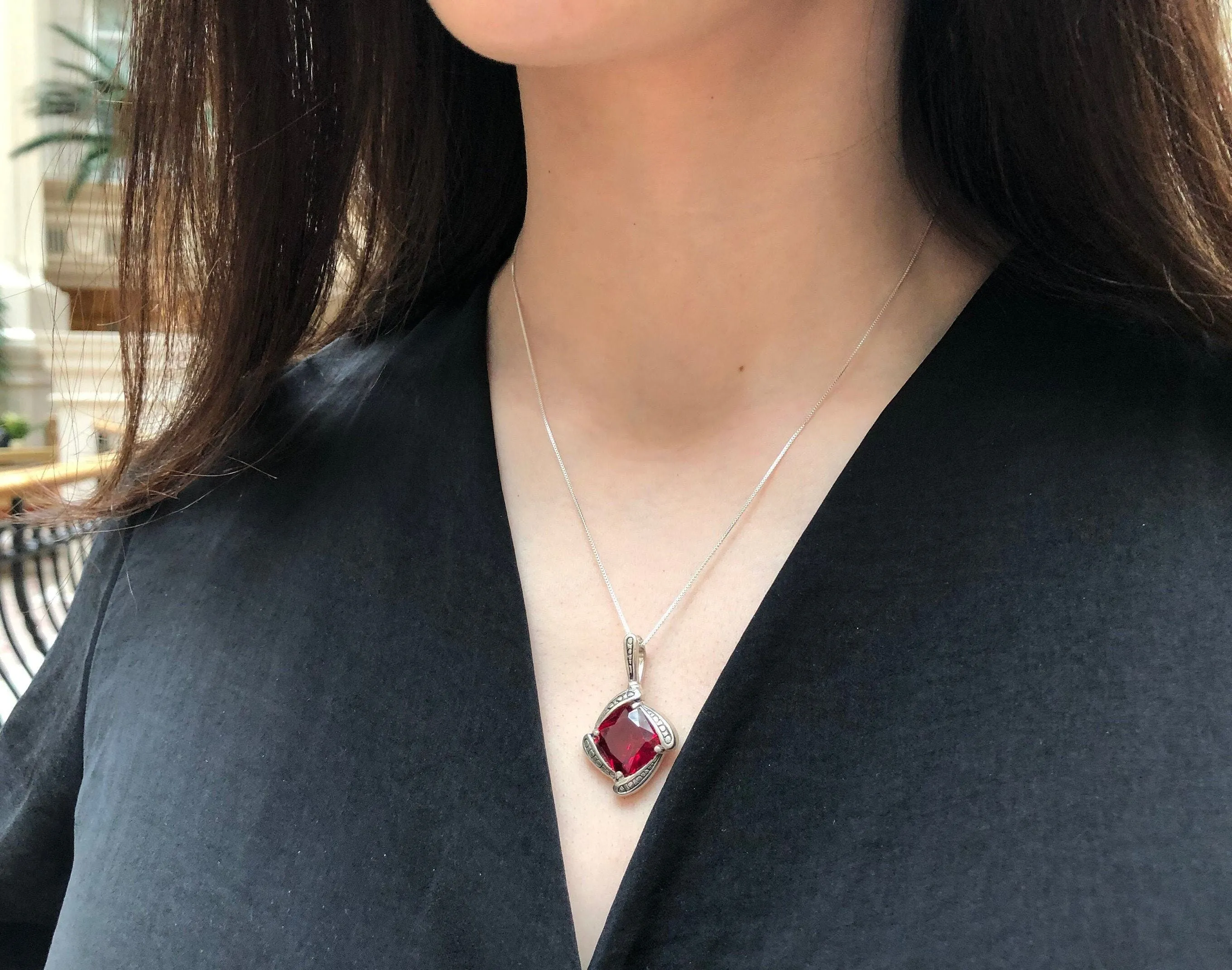 Vintage Ruby Pendant - Square Ruby Necklace - Red Statement Necklace