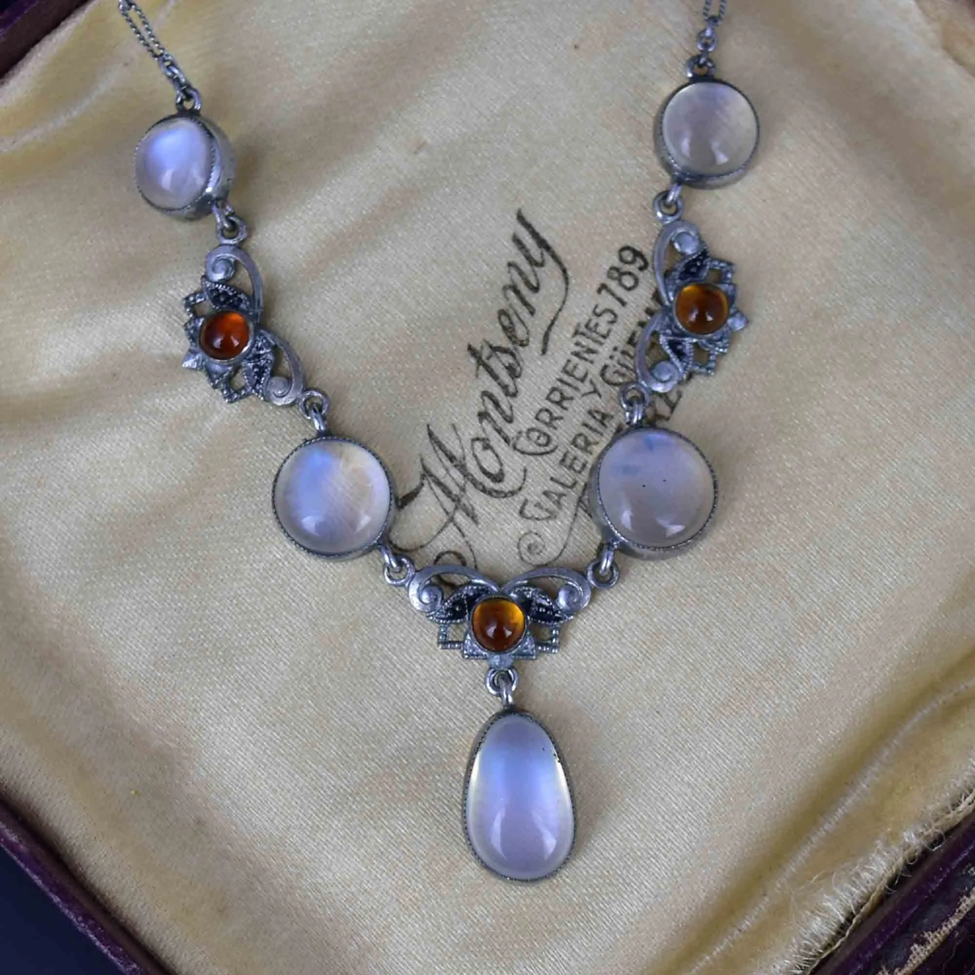 Vintage Silver Citrine Moonstone Pendant Drop Necklace