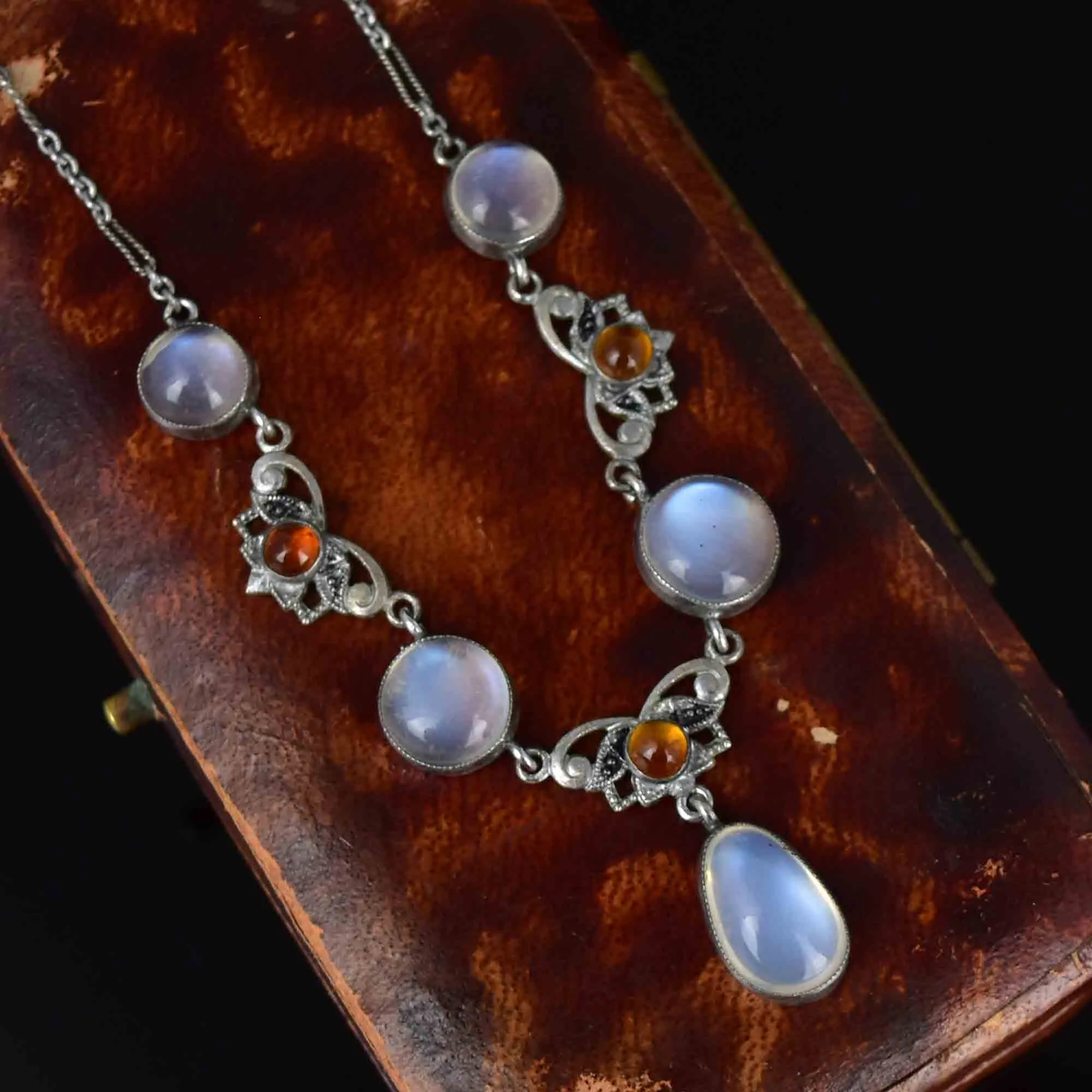 Vintage Silver Citrine Moonstone Pendant Drop Necklace