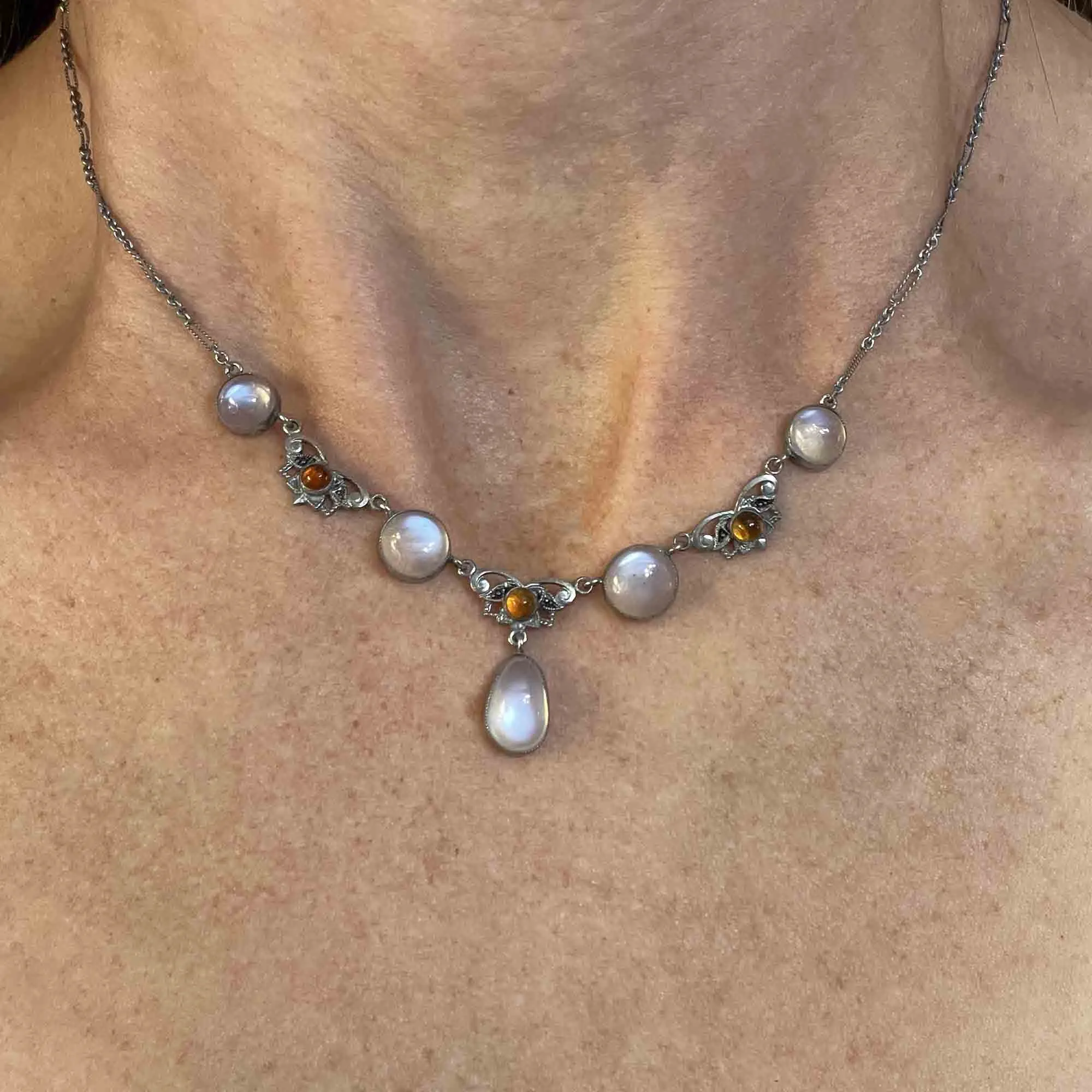Vintage Silver Citrine Moonstone Pendant Drop Necklace