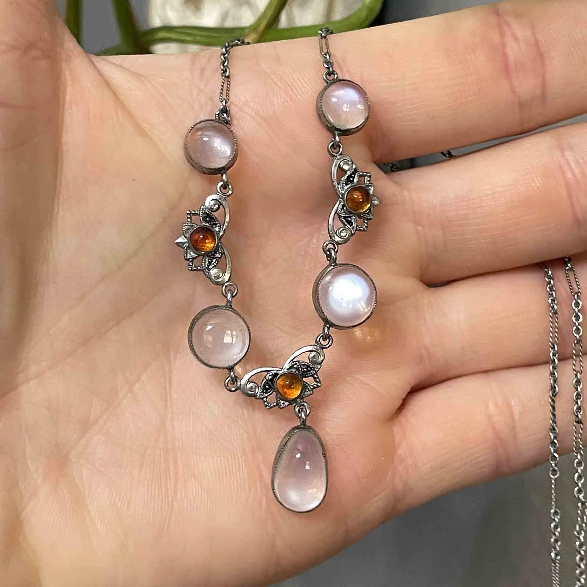 Vintage Silver Citrine Moonstone Pendant Drop Necklace