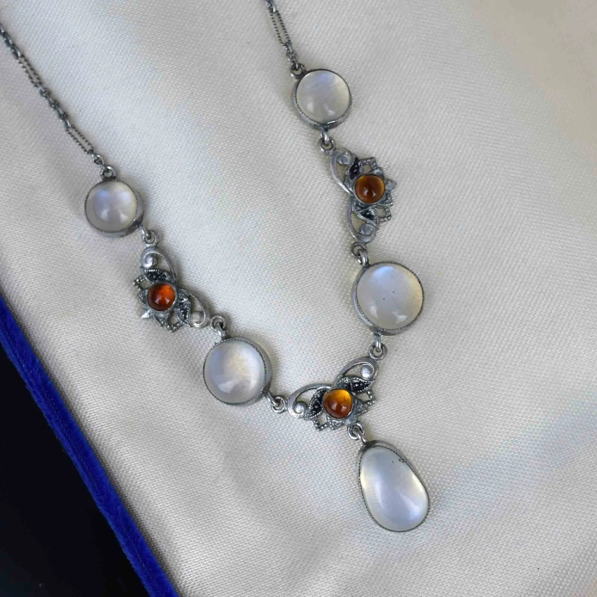 Vintage Silver Citrine Moonstone Pendant Drop Necklace