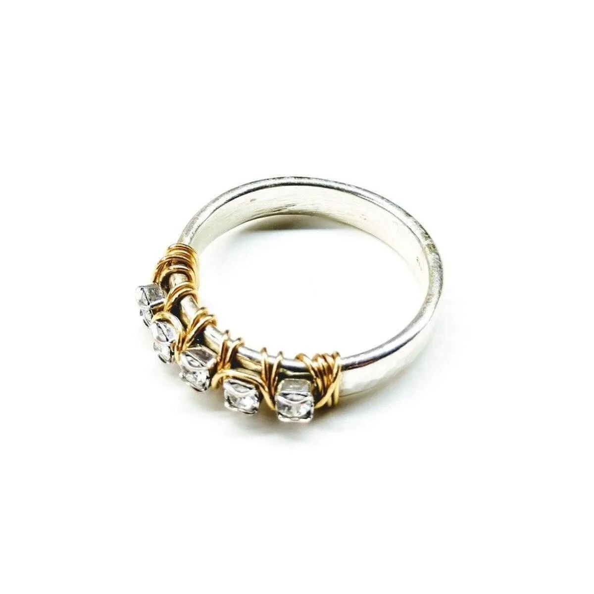Wire Wrapped Gold and Silver Hammered Crystal Bling Ring
